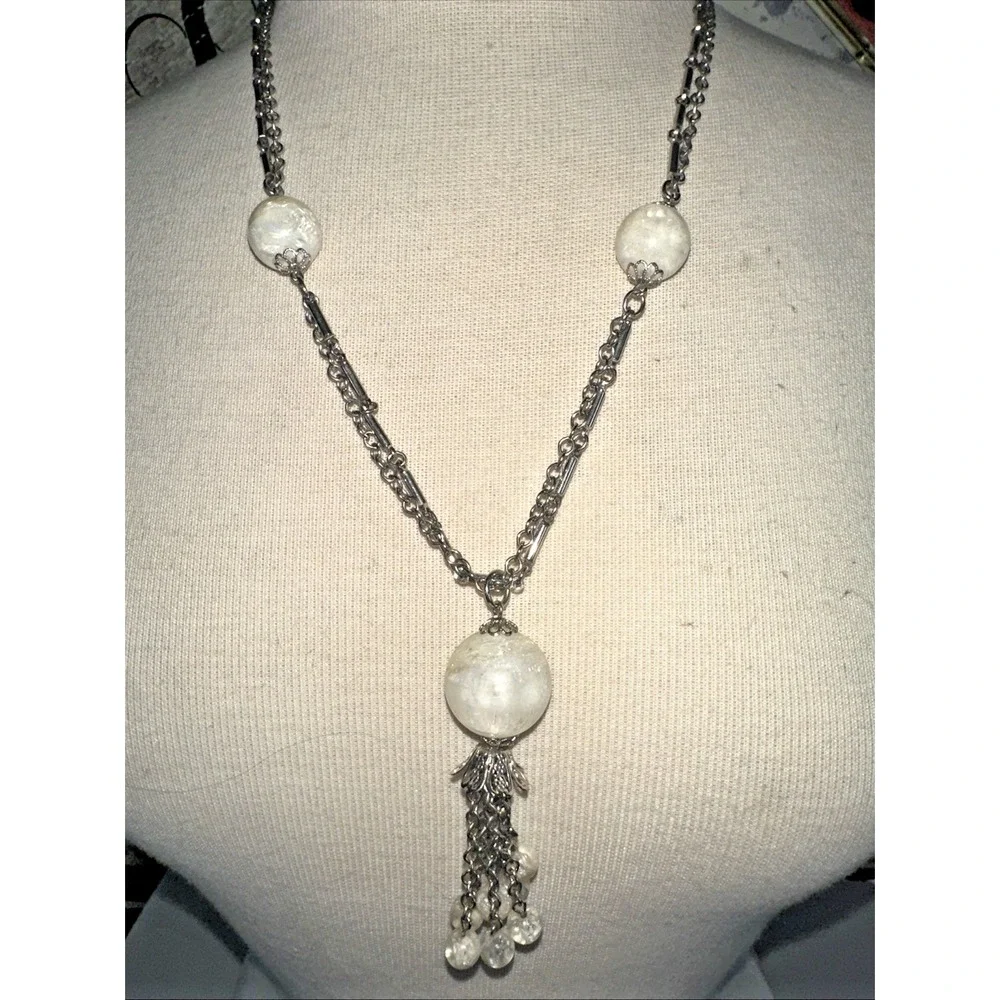 Tassel Pendant Necklace Womens OS Silver Clear Faux Pearl Crackle Glass